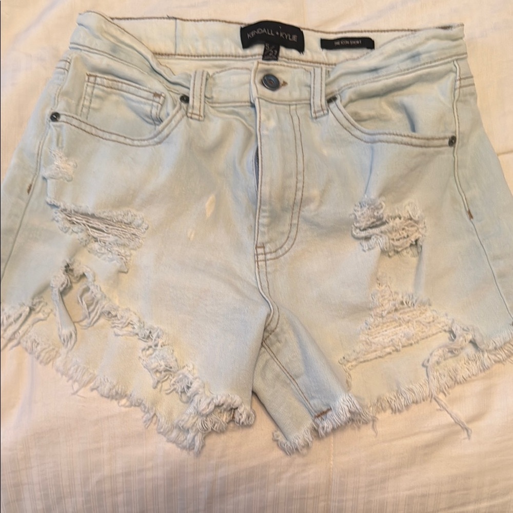 Kendall & Kylie Blue Jean Shorts with Distressed Raw Hem
